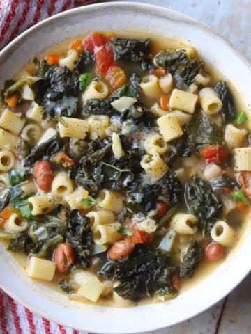 Minestrone soup in a white bowl