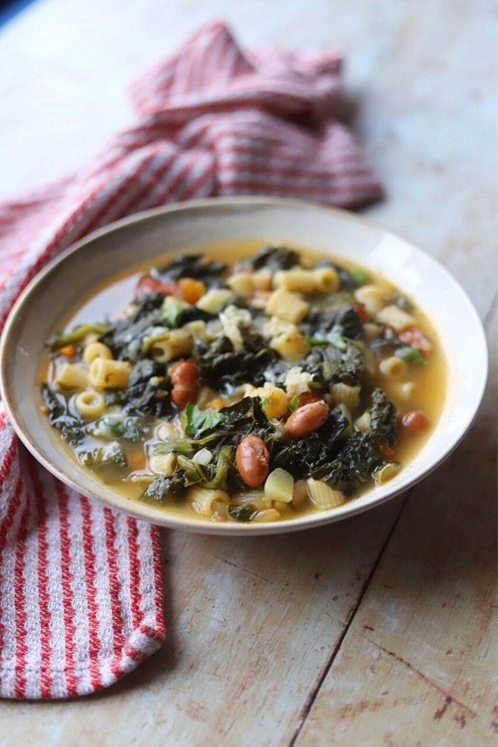 side view of minestrone soup in a white bowl