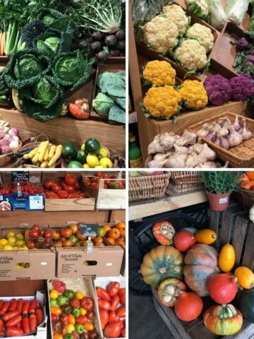Four photos showing various seasonal produce