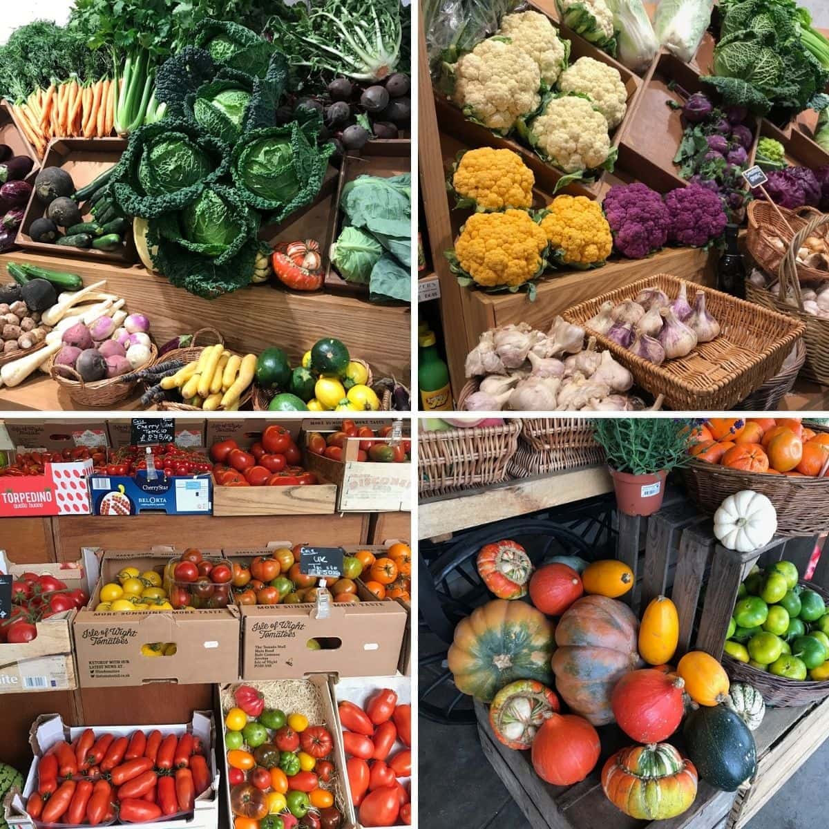 Four photos showing various seasonal produce