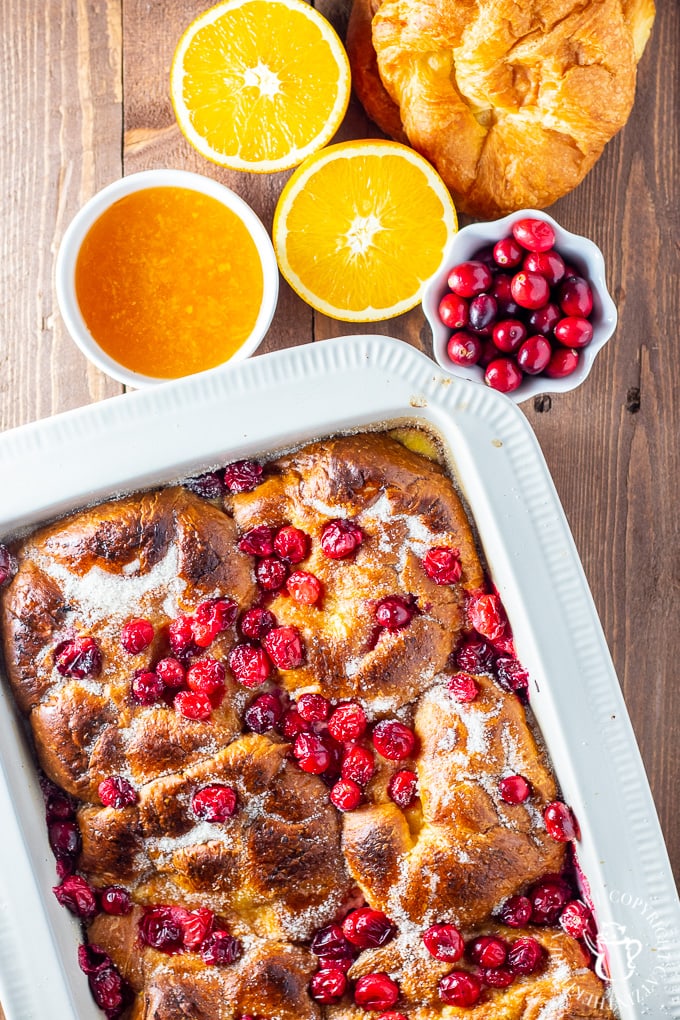 view of croissant french toast in white baking dish