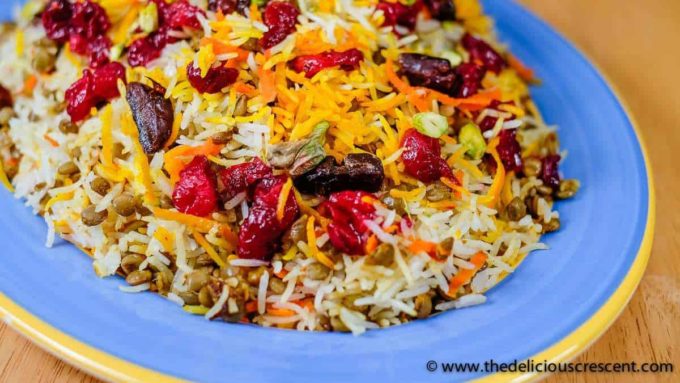 close-up of coloured rice with cranberries