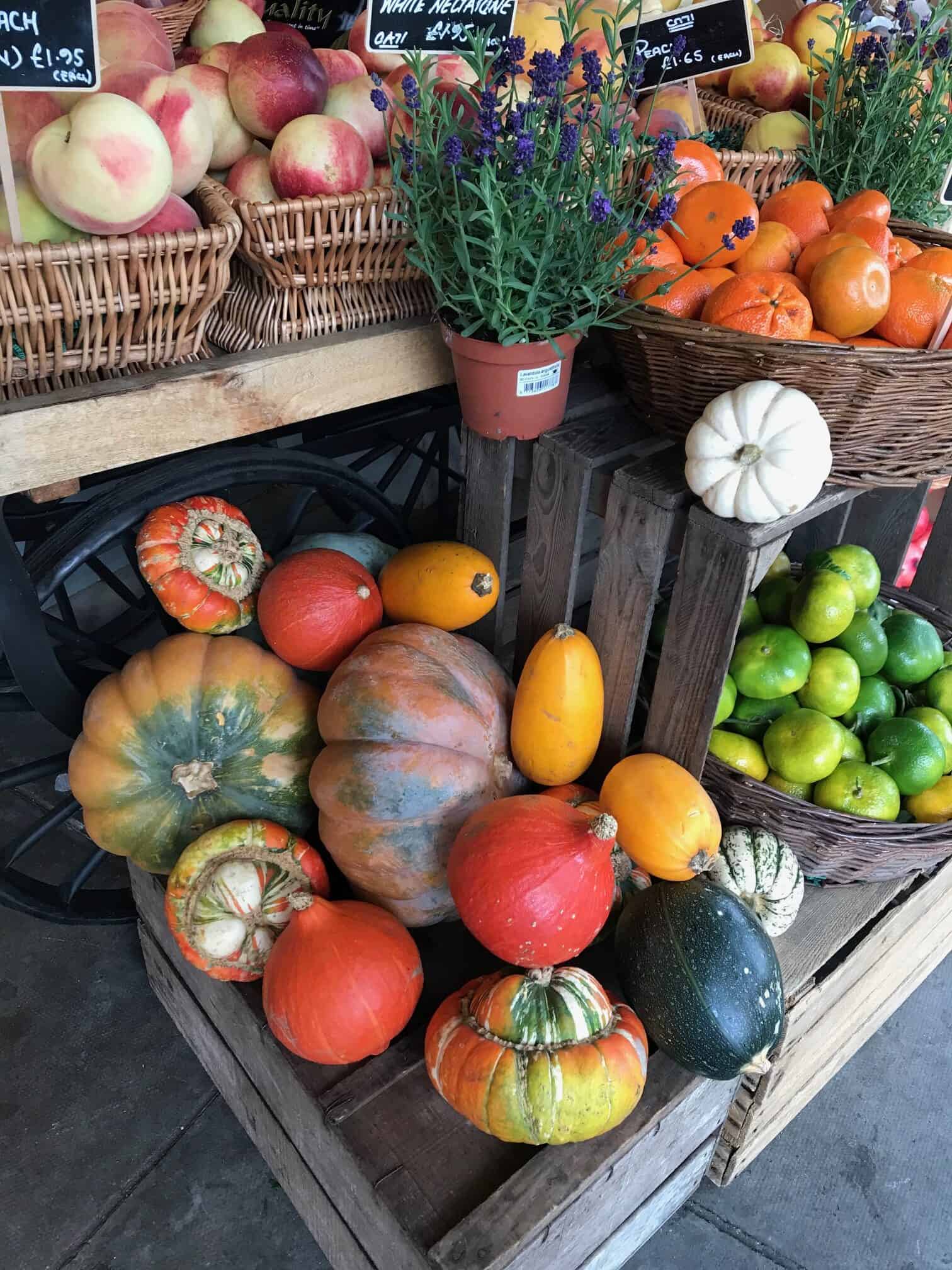 Different varieties of pumpkins arranged in baskets.