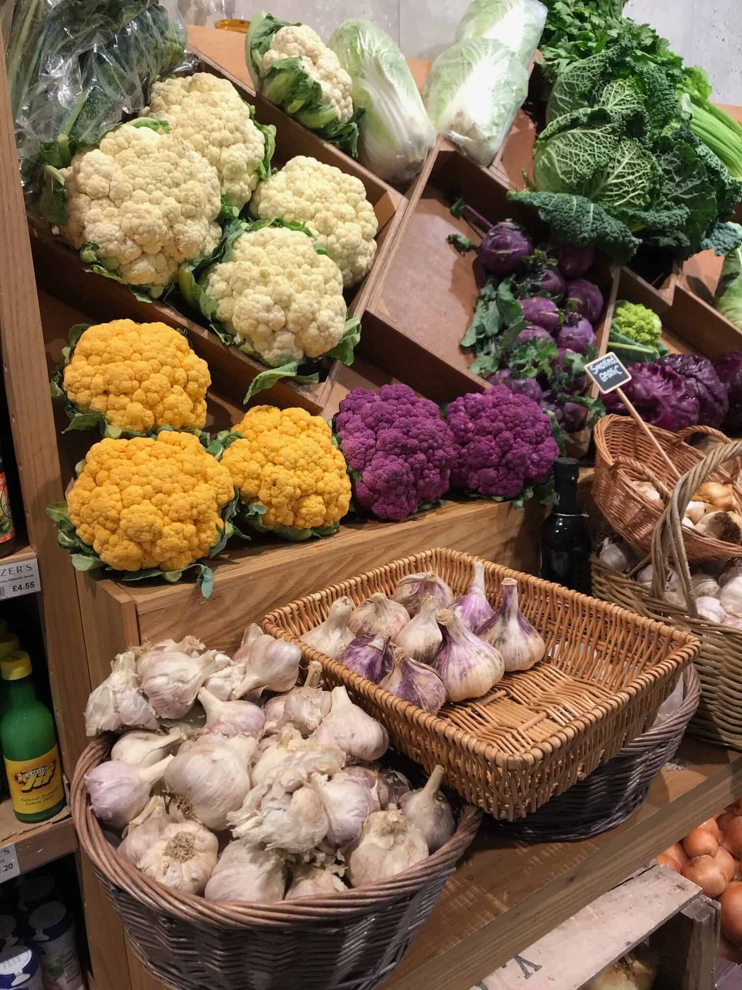 Different varieties of coloured cauliflower.