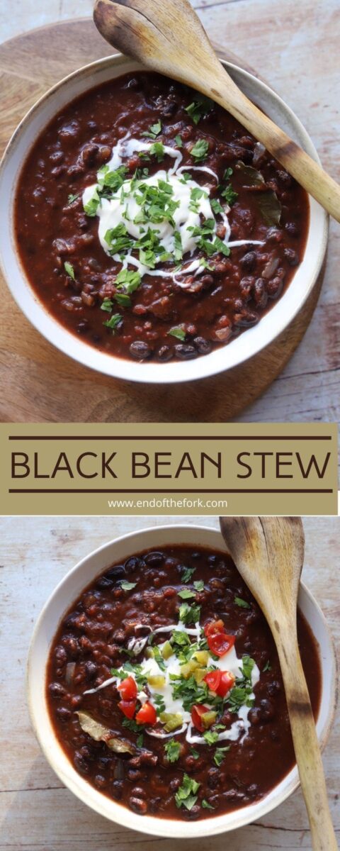 pin of two images of black bean stew with different garnishes