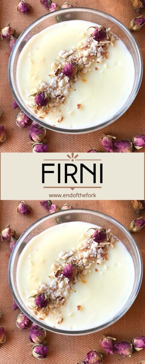 pin of two images of firni in bowl with dried rose decoration