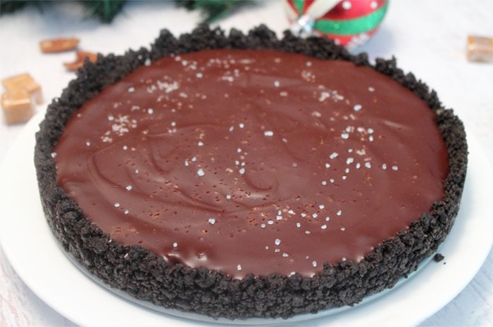 Image of chocolate pie closeup on a white plate.