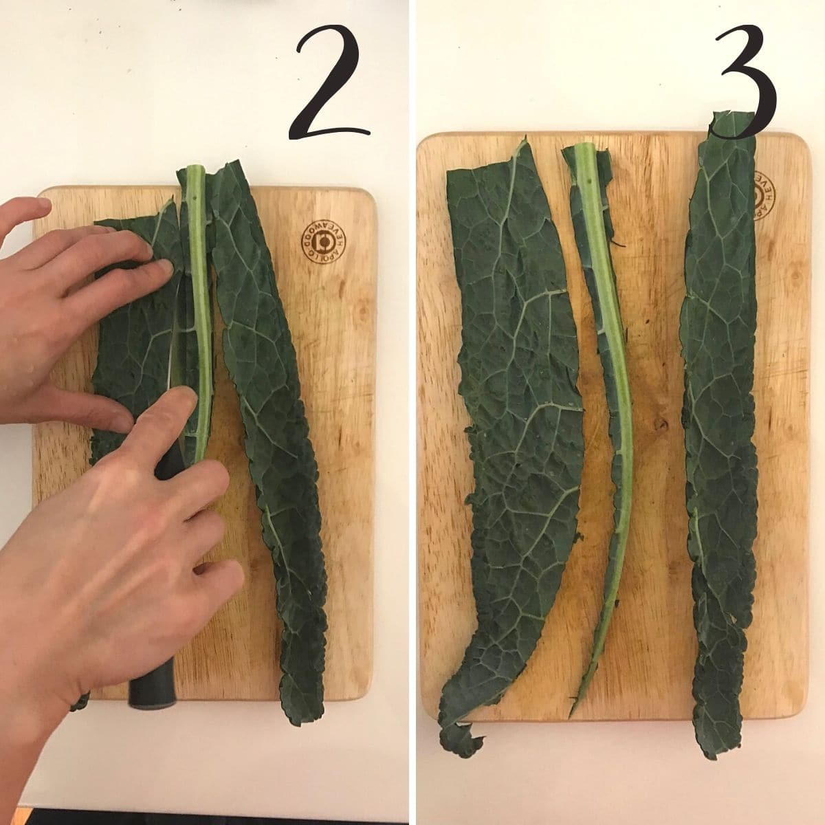 Steps 2 & 3 showing cutting away central stalk of cavolo nero.