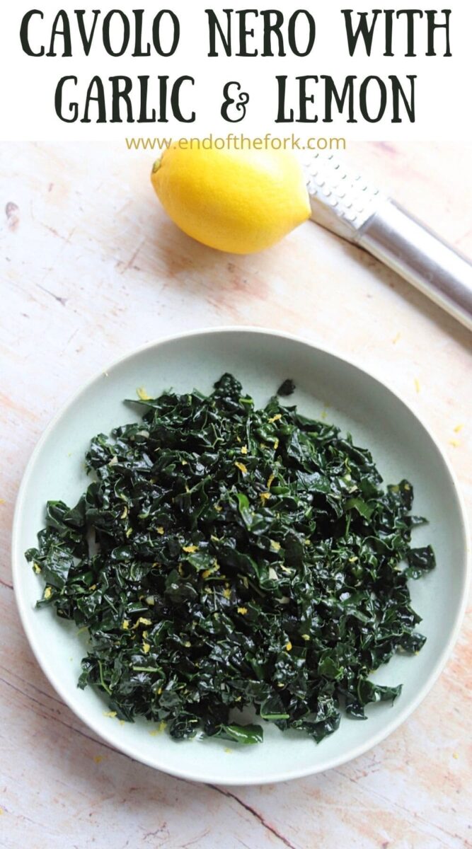 Pin showing prepared Cavolo nero in bowl with a lemon and microplane