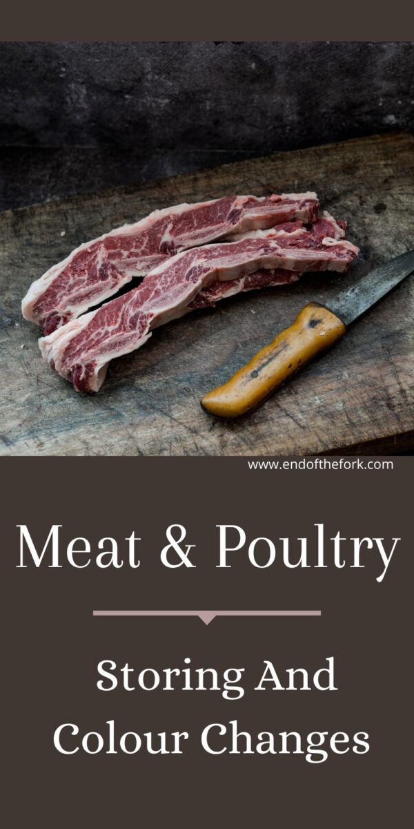 Pin image of two cuts of meat with a knife on cutting board