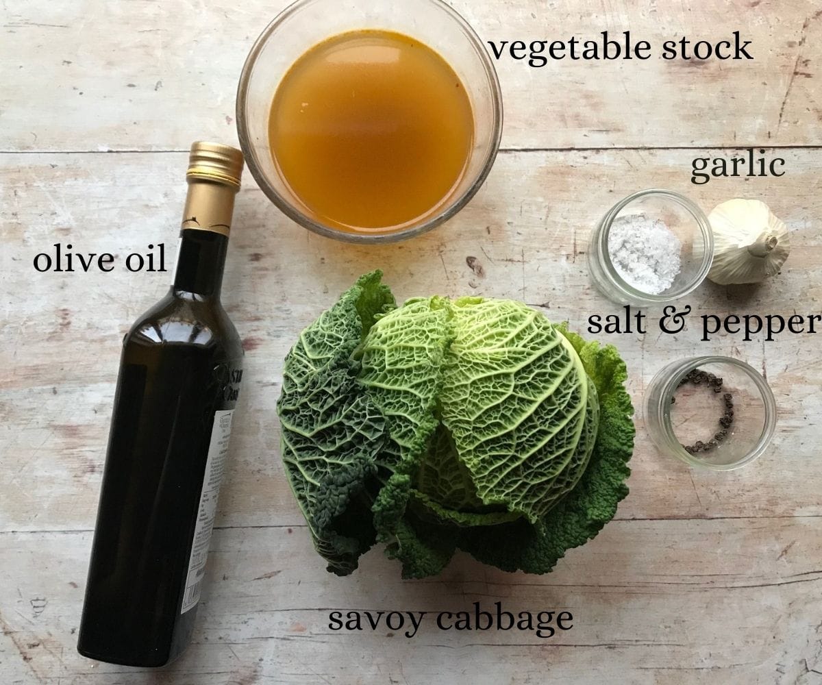 Image of ingredients for cooking savoy cabbage.