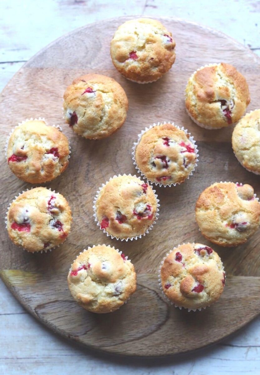 Overhead view of orange cranberry muffins