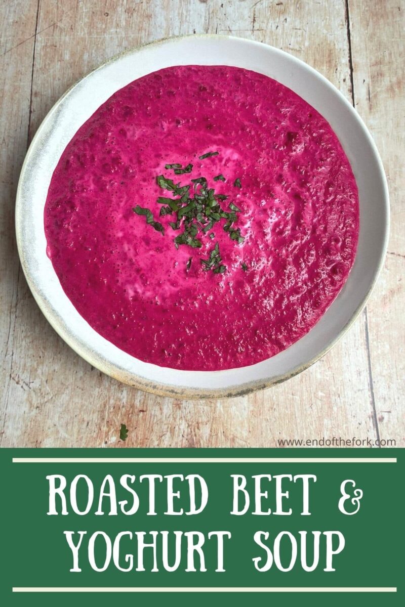 pin image of roasted beet soup.