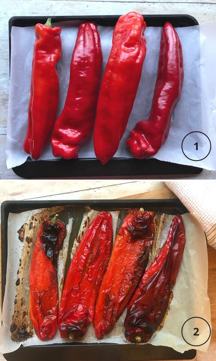 image of raw peppers on baking tray and one showing  roasted peppers