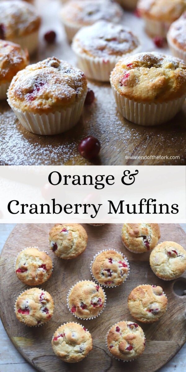 Pin of two images of orange cranberry muffins on wooden board.