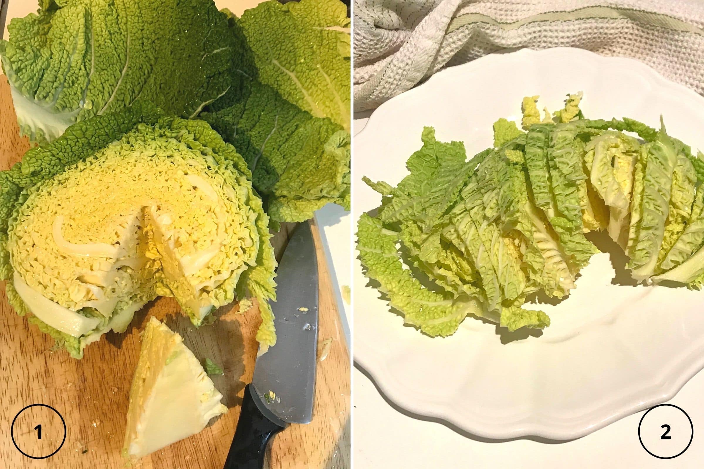 two process shots showing chopping savoy cabbage