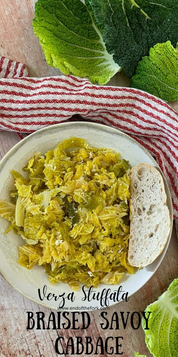 Pin image of braised savoy cabbage in a bowl.