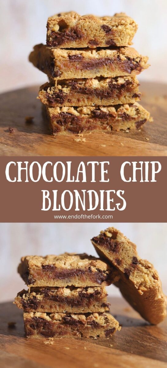 Pin images of stacks of chocolate chip blondies.