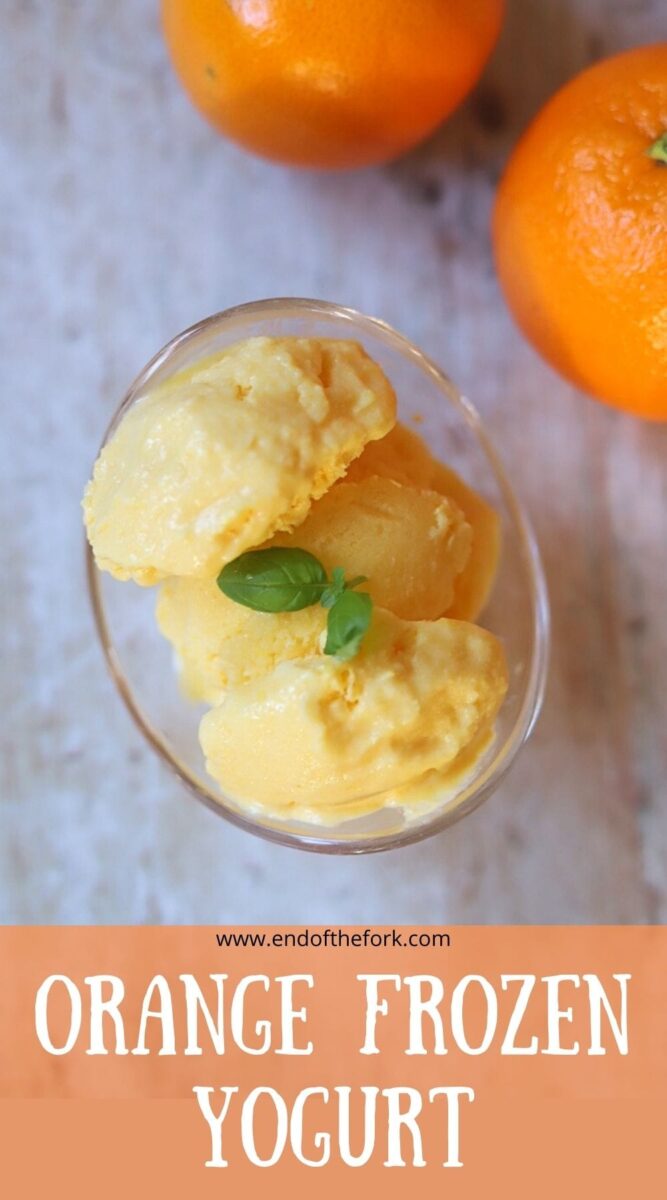 Pin of image orange frozen yogurt with basil.