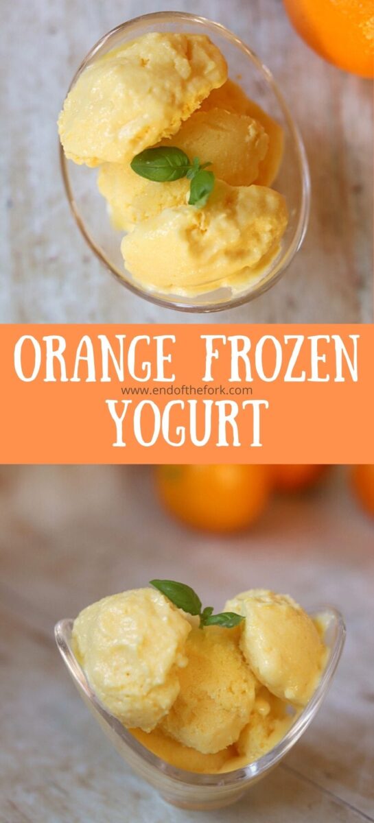 Pin of two images of orange frozen yogurt in a glass bowl.
