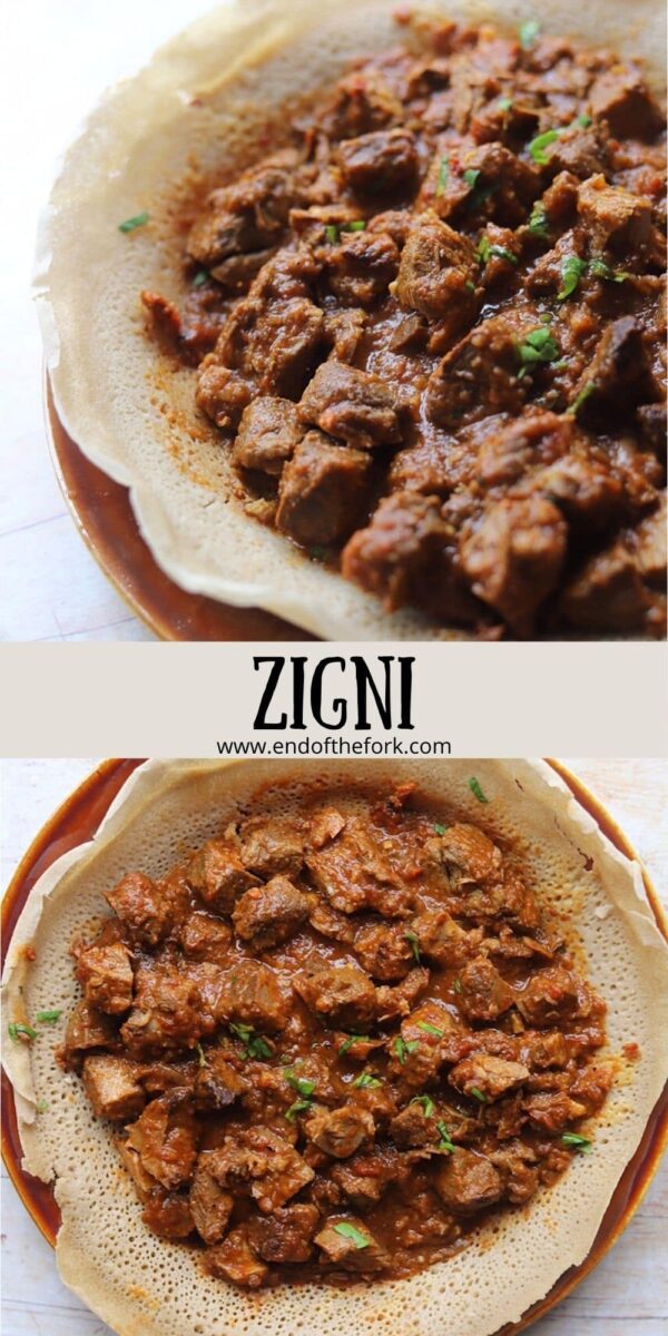 pin image 2 dishes of zigni with injera bread.