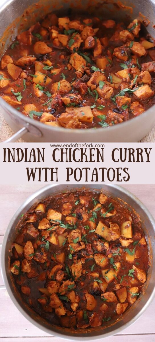 Pin of two images of chicken curry in large pot.