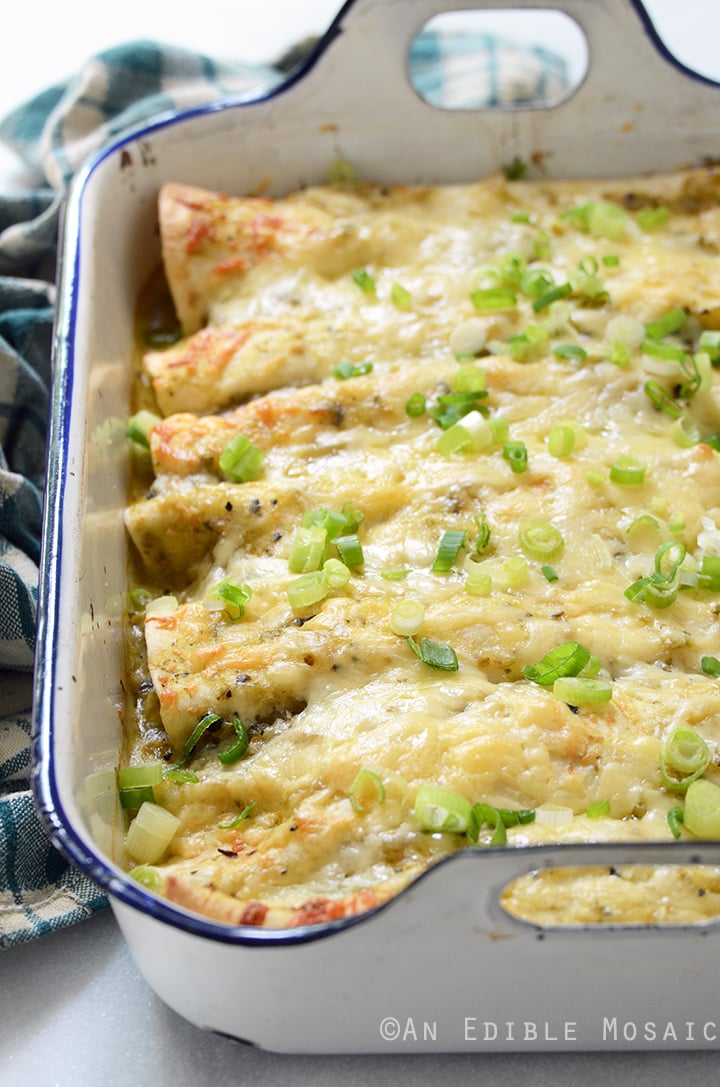 Image of baked chicken enchiladas covered with melted cheese in large white roasting pan.