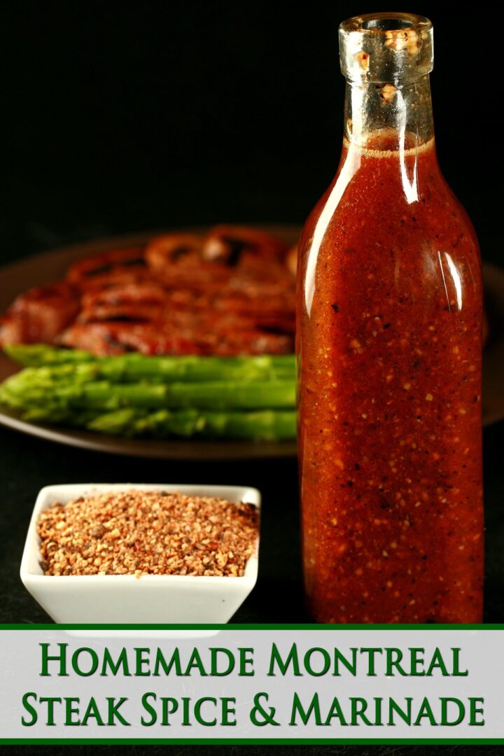 Image of large bottle of red sauce next to bowl of seasoning and vegetables in background.