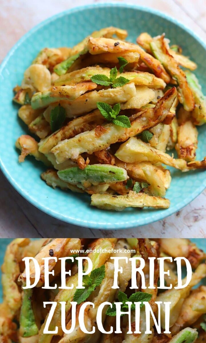 Pin images of deep fried zucchini with fresh mint.