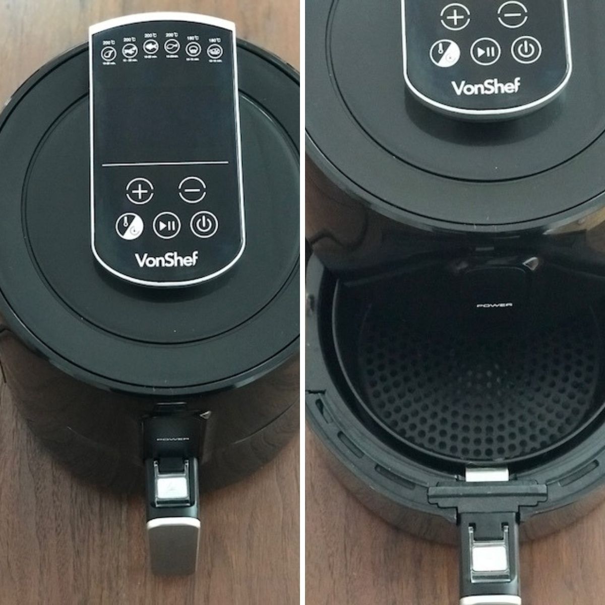 Two images of air fryer with drawer closed and open.