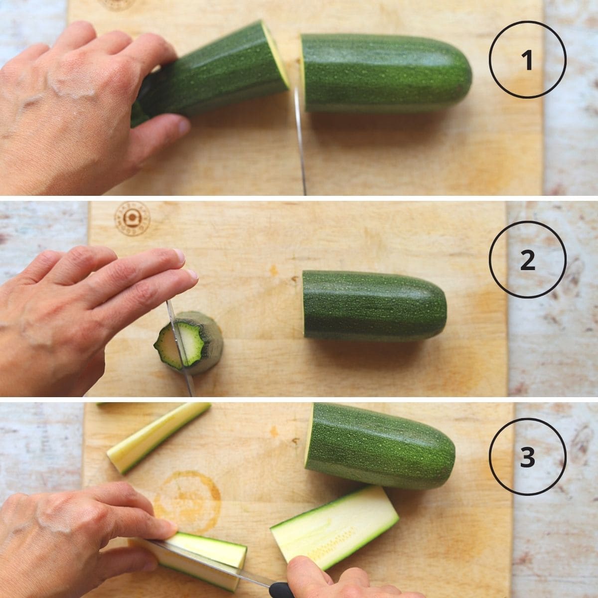 Three images showing cutting a zucchini into thin spears.