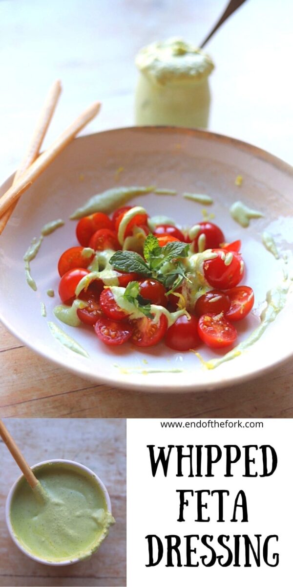 Pin image of whipped feta dip over cherry tomatoes.