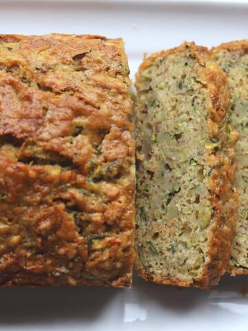 Closeup of sliced zucchini banana bread.