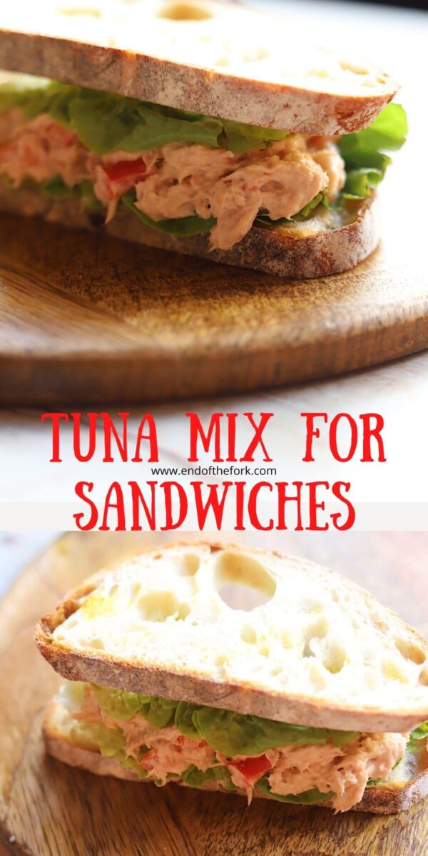 Pin images of tuna mix in sandwiches.