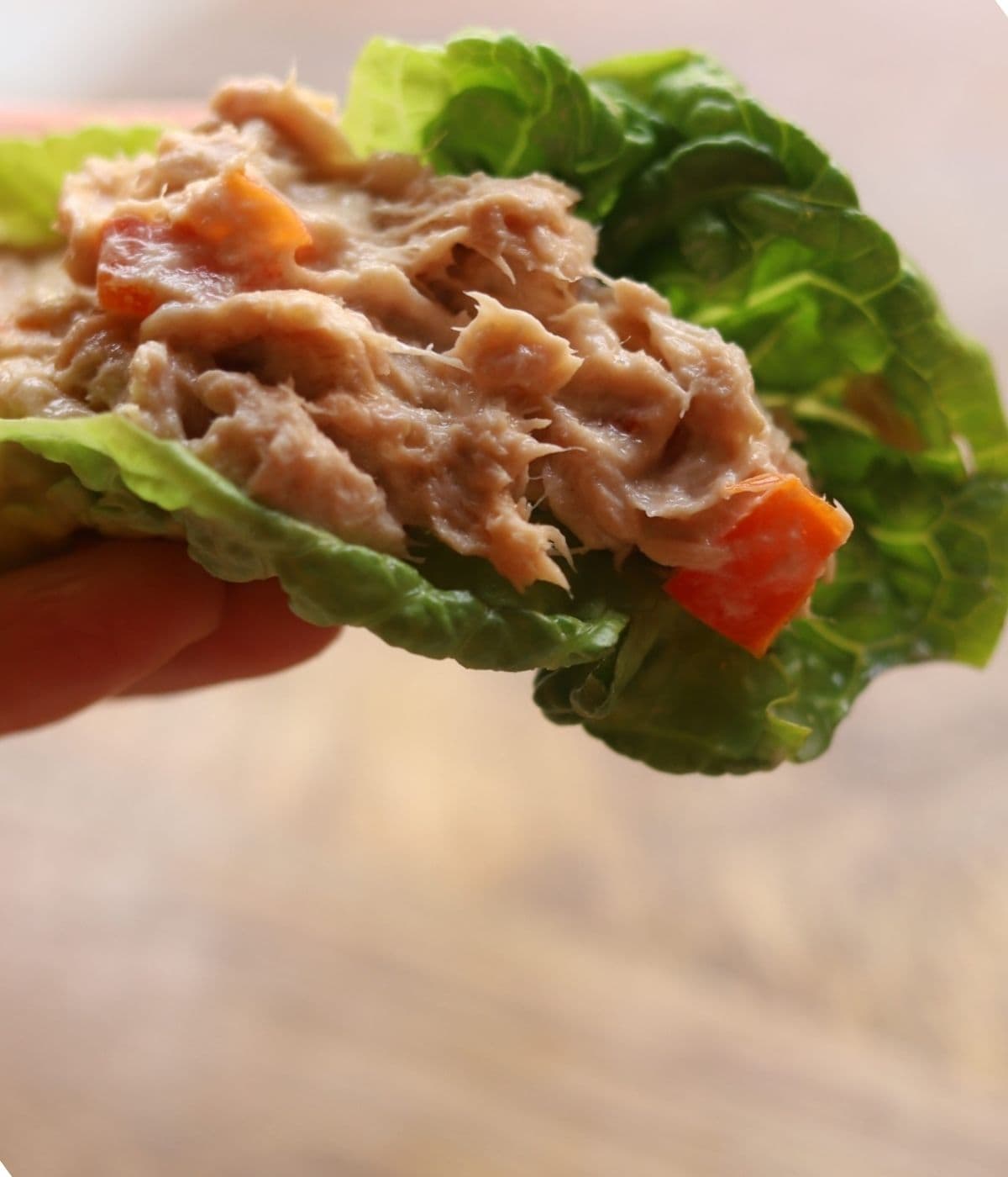 Tuna mix wrapped in lettuce leaf.