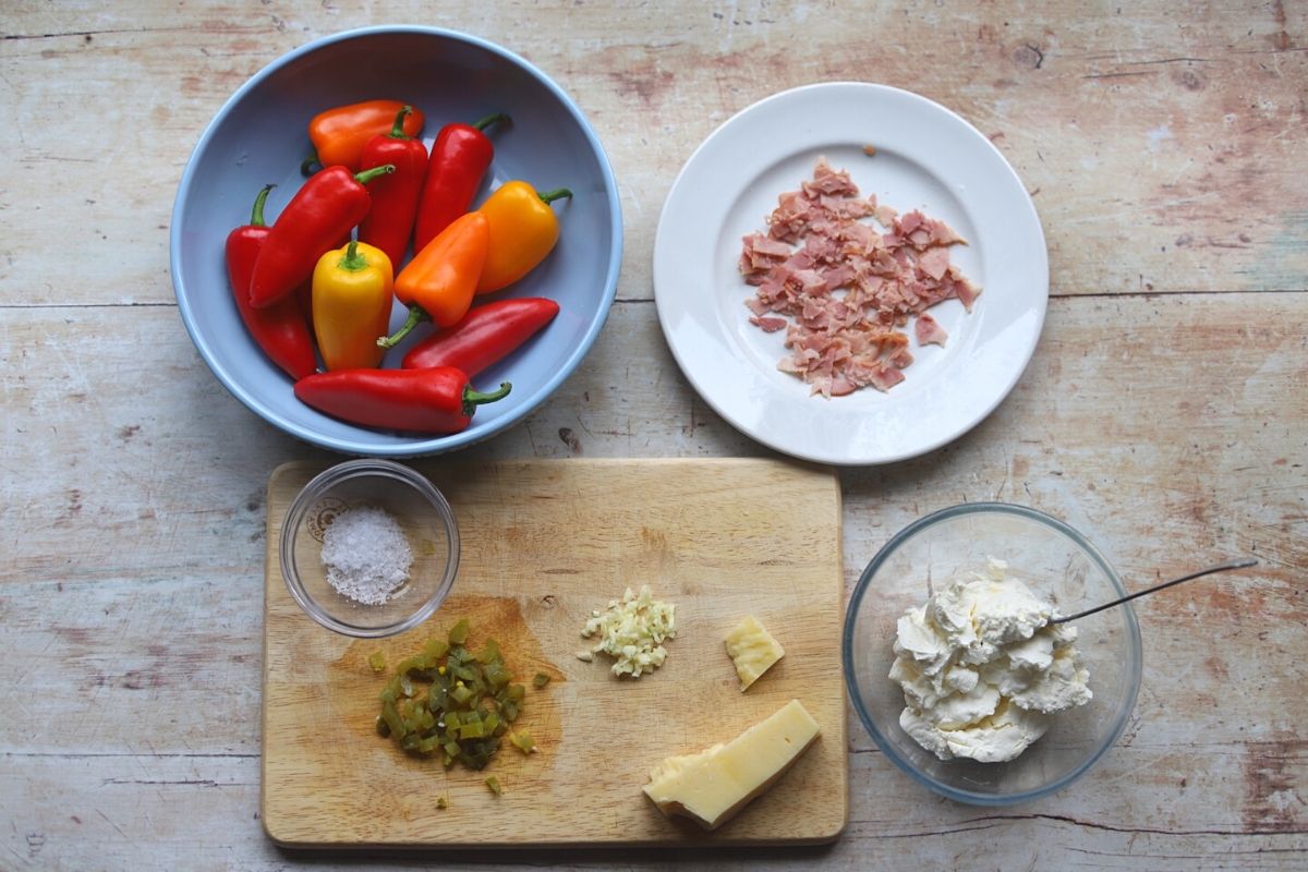 Ingredients for stuffed peppers laid out on table.