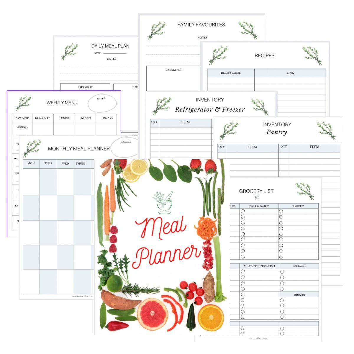 collage of all the meal planner pages.