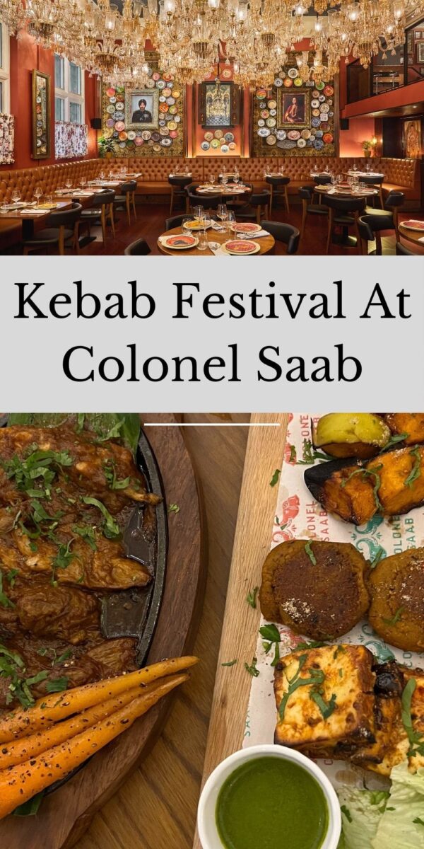 Pin images of dining room and food platters at Colonel Saab.