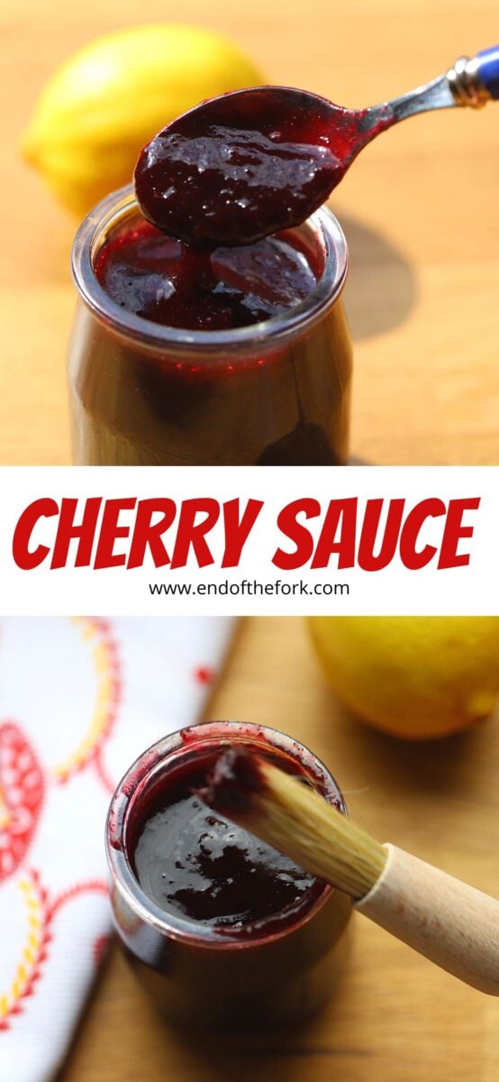 Pin two images of cherry sauce in small glass jars.