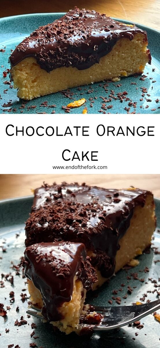 Pin images of slice of chocolate orange cake.