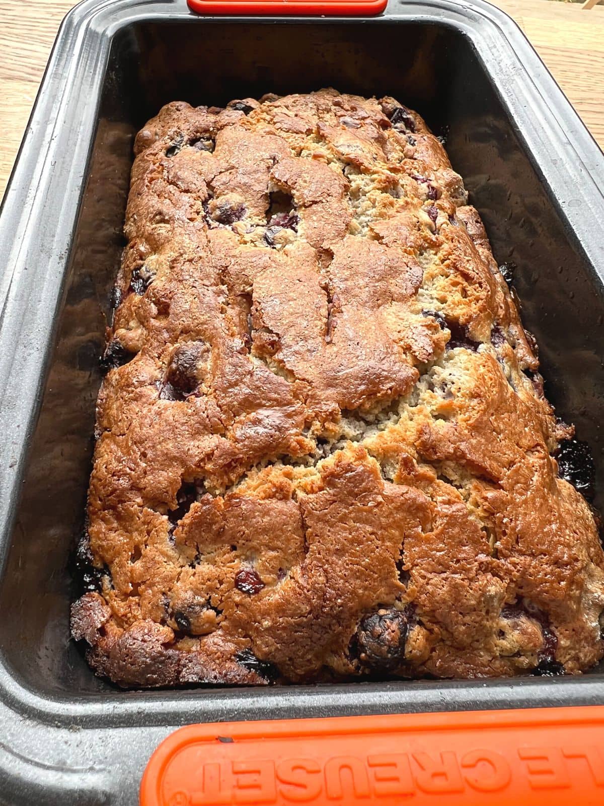 Baked blueberry bread in pan.