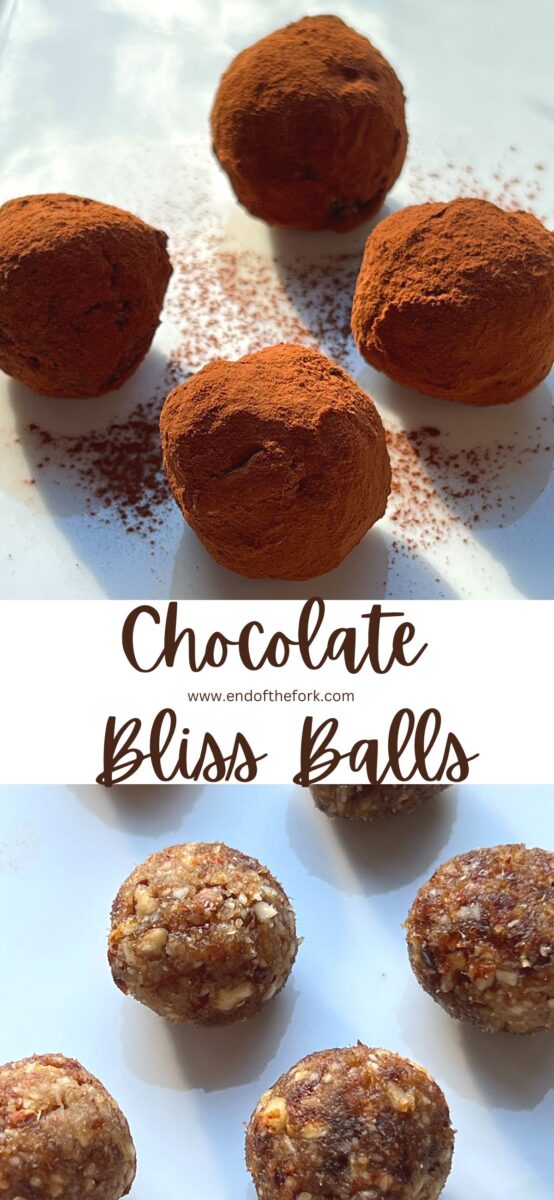 Pin image of chocolate bliss balls and without chocolate.
