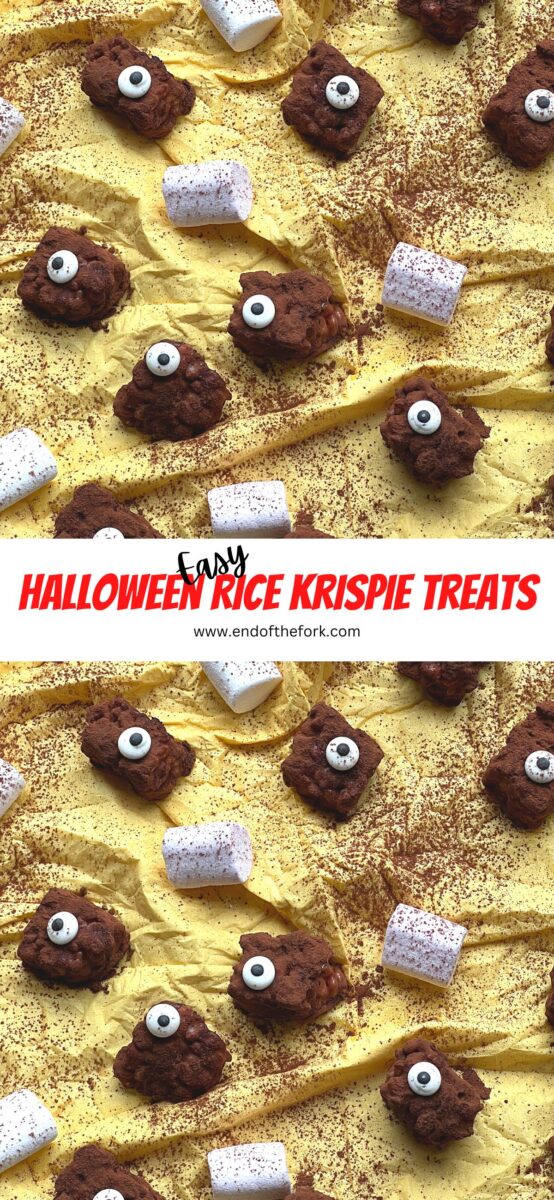 Pin images of rice krispie squares with candy eyes on yellow tissue.