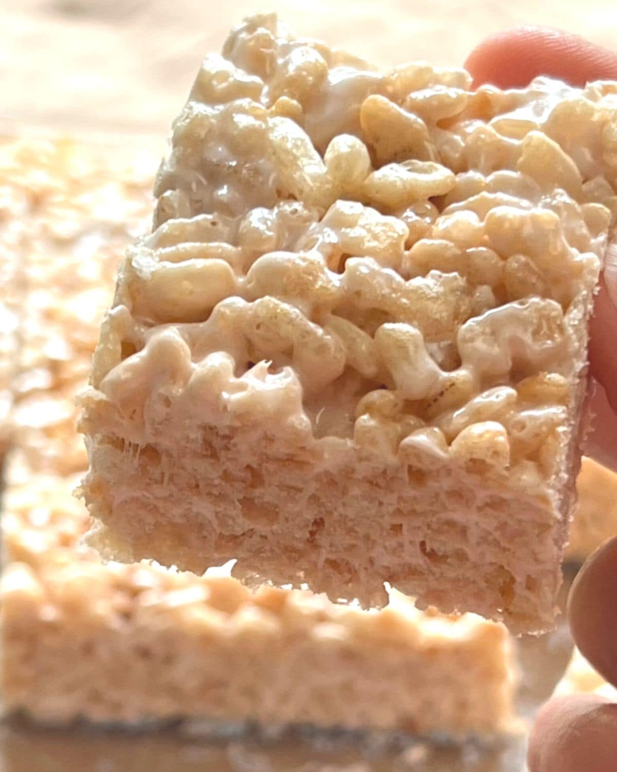 Close up of rice krispie square.