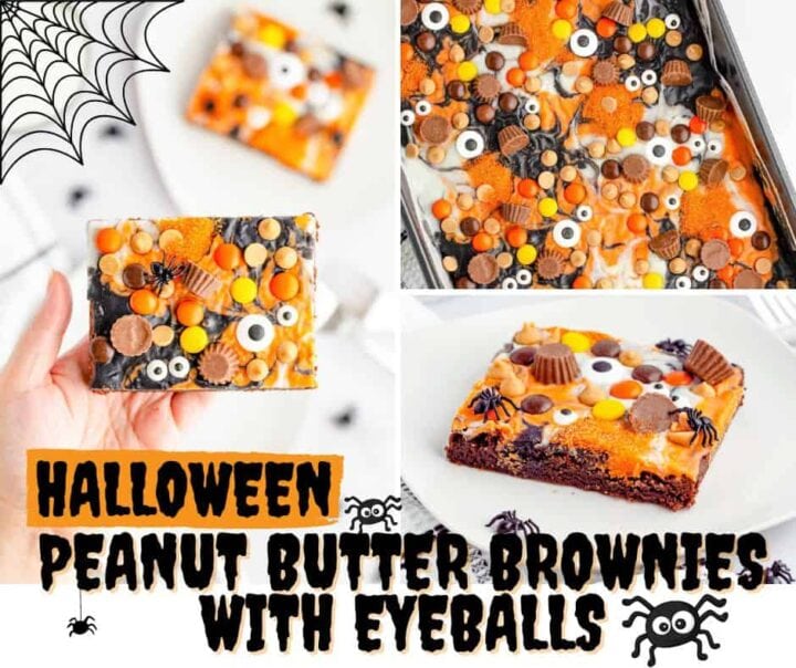 Three images showing brownies covered in melted halloween candy.