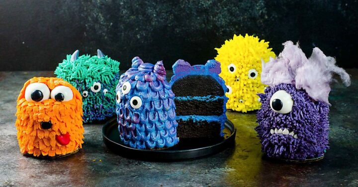 Mini monster cakes decorated in bright colours.