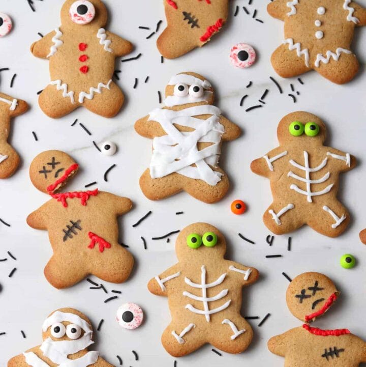Gingerbread men decorated as skeletons and mummies.