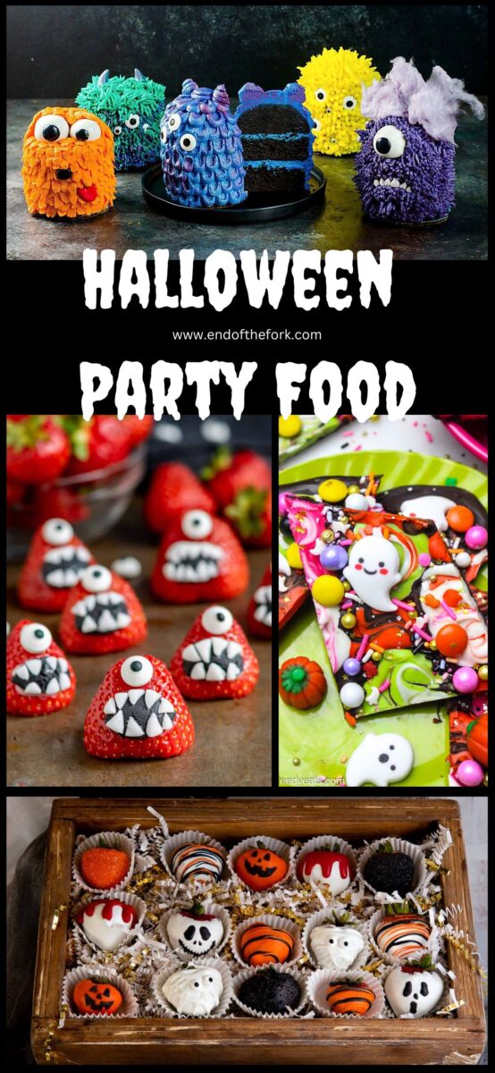 Pin showing four images of halloween party food in this roundup.