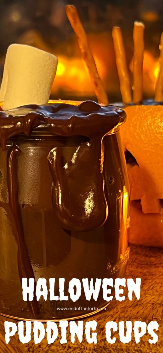 Pin image of halloween chocolate pudding cup with jack-o-lantern.