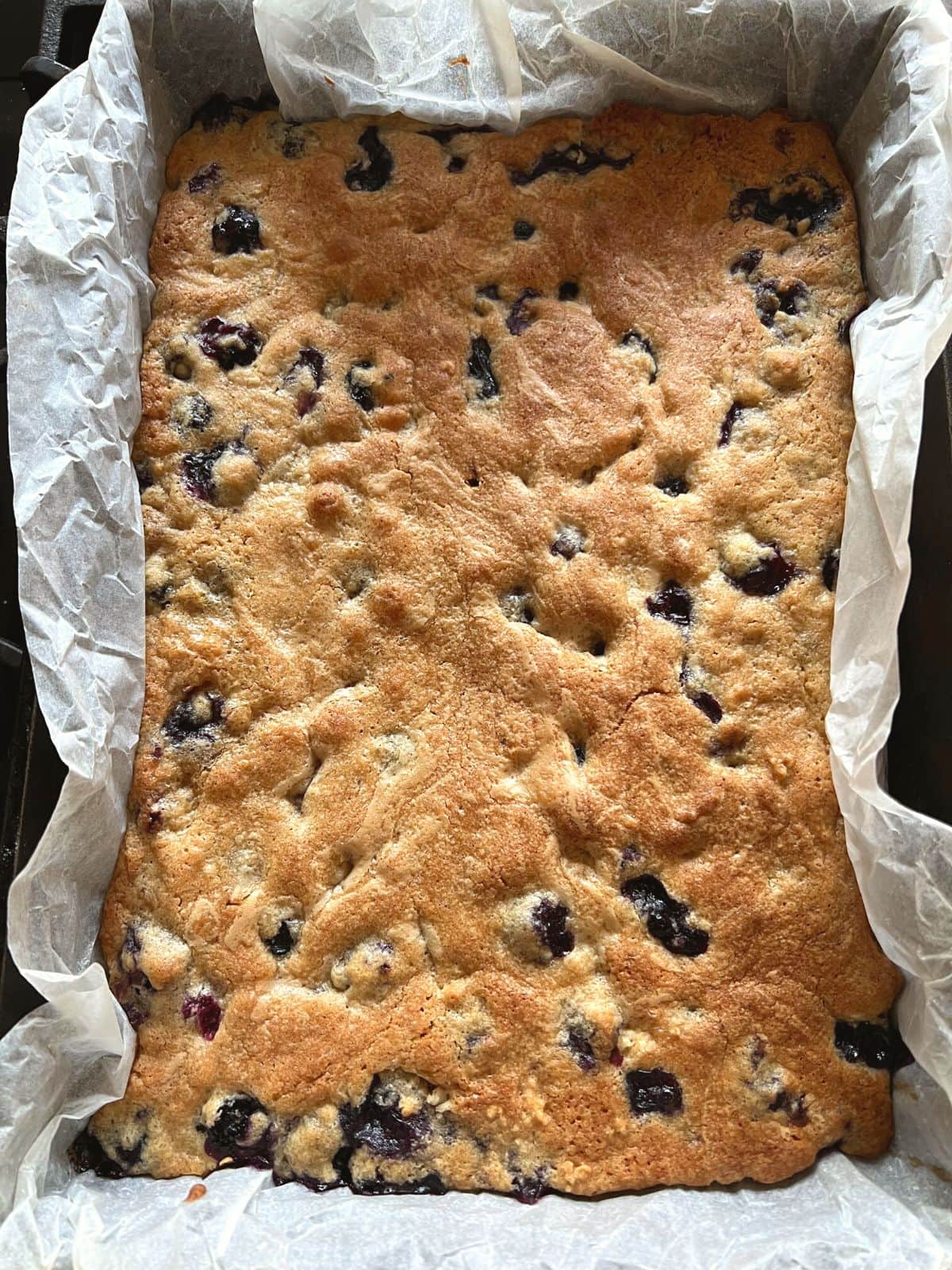 Baked blueberry blondies cooling before cutting.